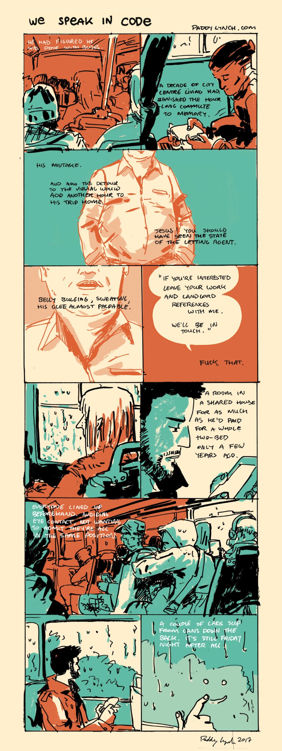 A comic book page, coloured in oragnes, greens and black.